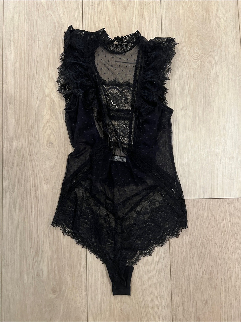 Free People Sheer Black Lace Ruffle Bodysuit - Women